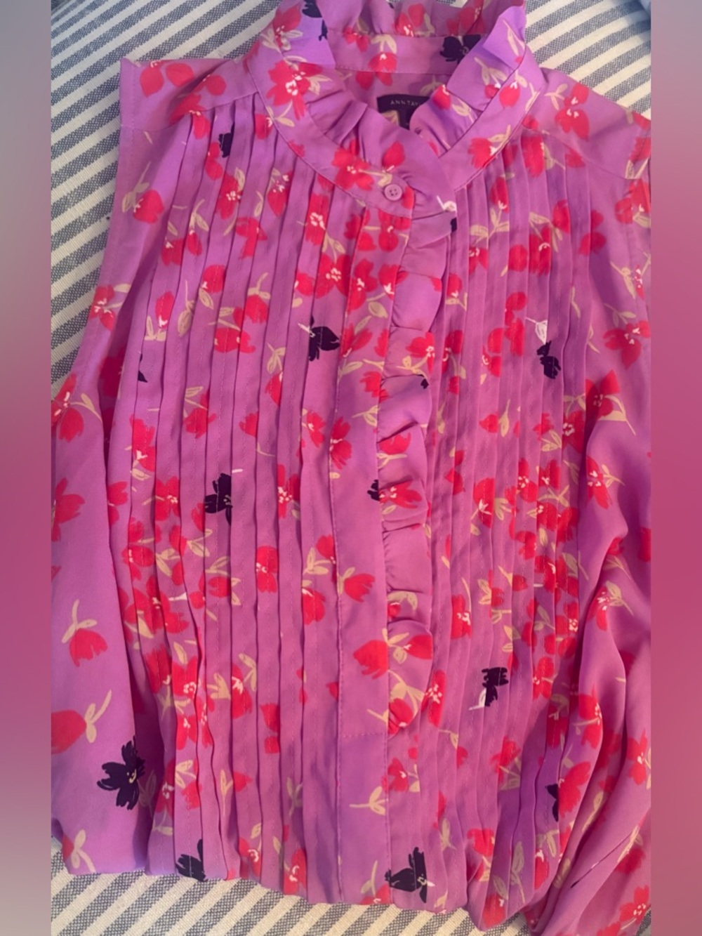 Ann Taylor Purple Floral Pleated Ruffled Blouse